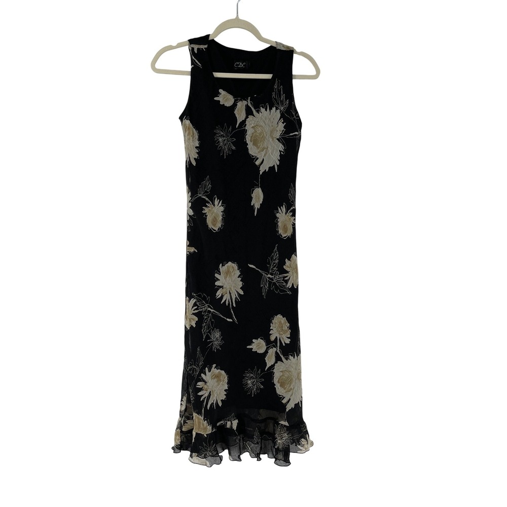 Black Floral Sleeveless Ruffle Hem Maxi Dress Womens Size 6 Y2K Dark Fairy Boho